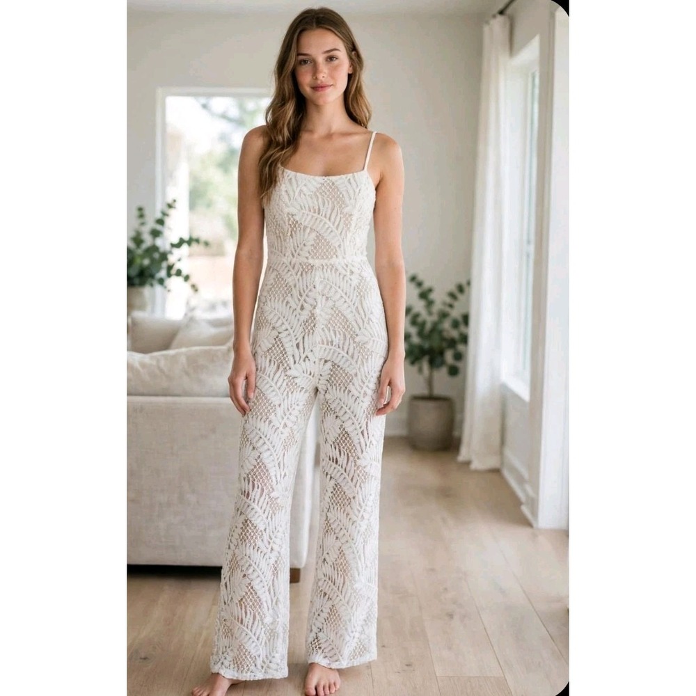 4SI3NNA white palm lace Tan Lined jumpsuit  Romper sheer leafy lace overlay Med